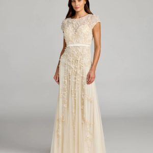 Yellow Floral Embellished Cap Sleeve Gown