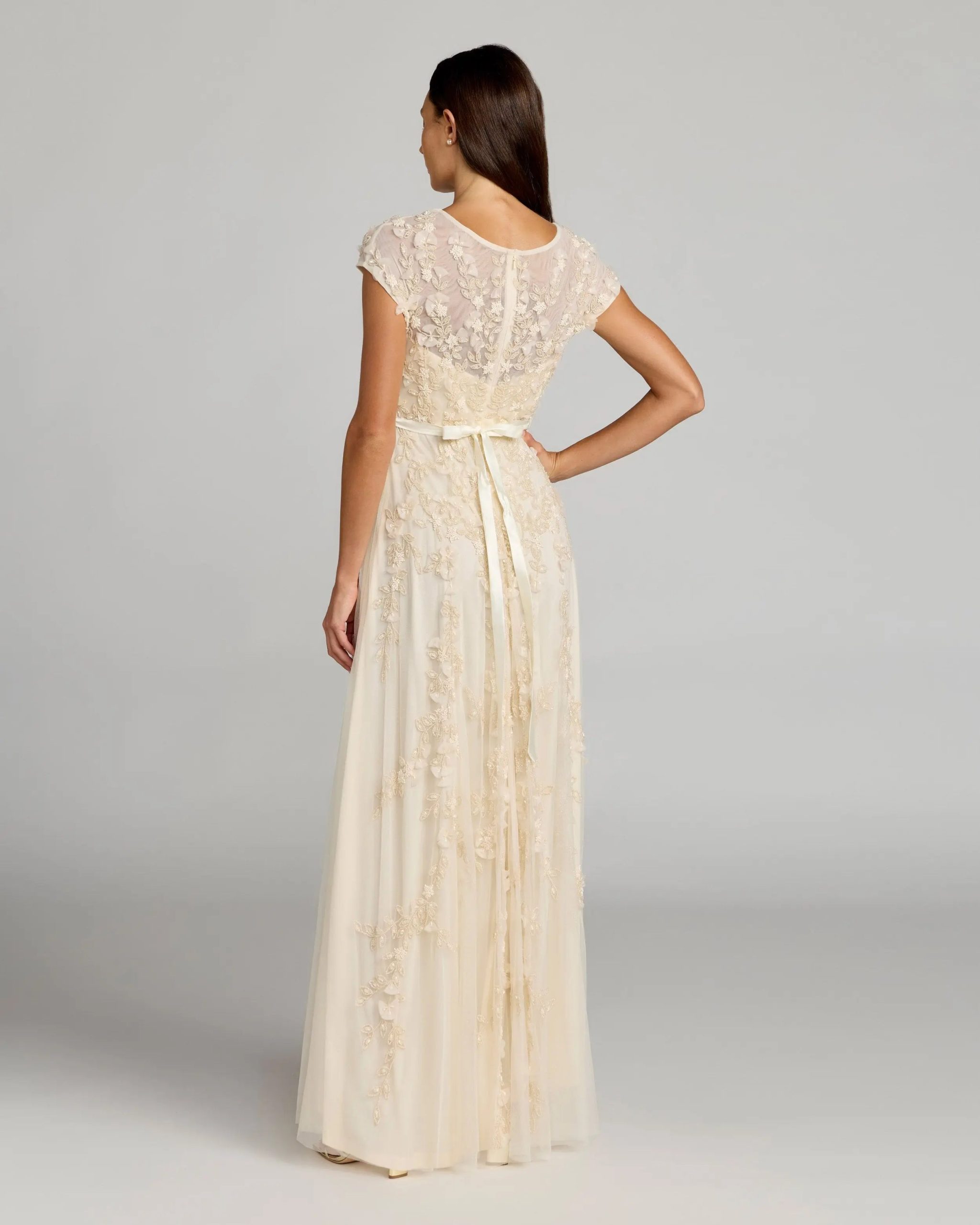 Yellow Floral Embellished Cap Sleeve Gown - Image 3