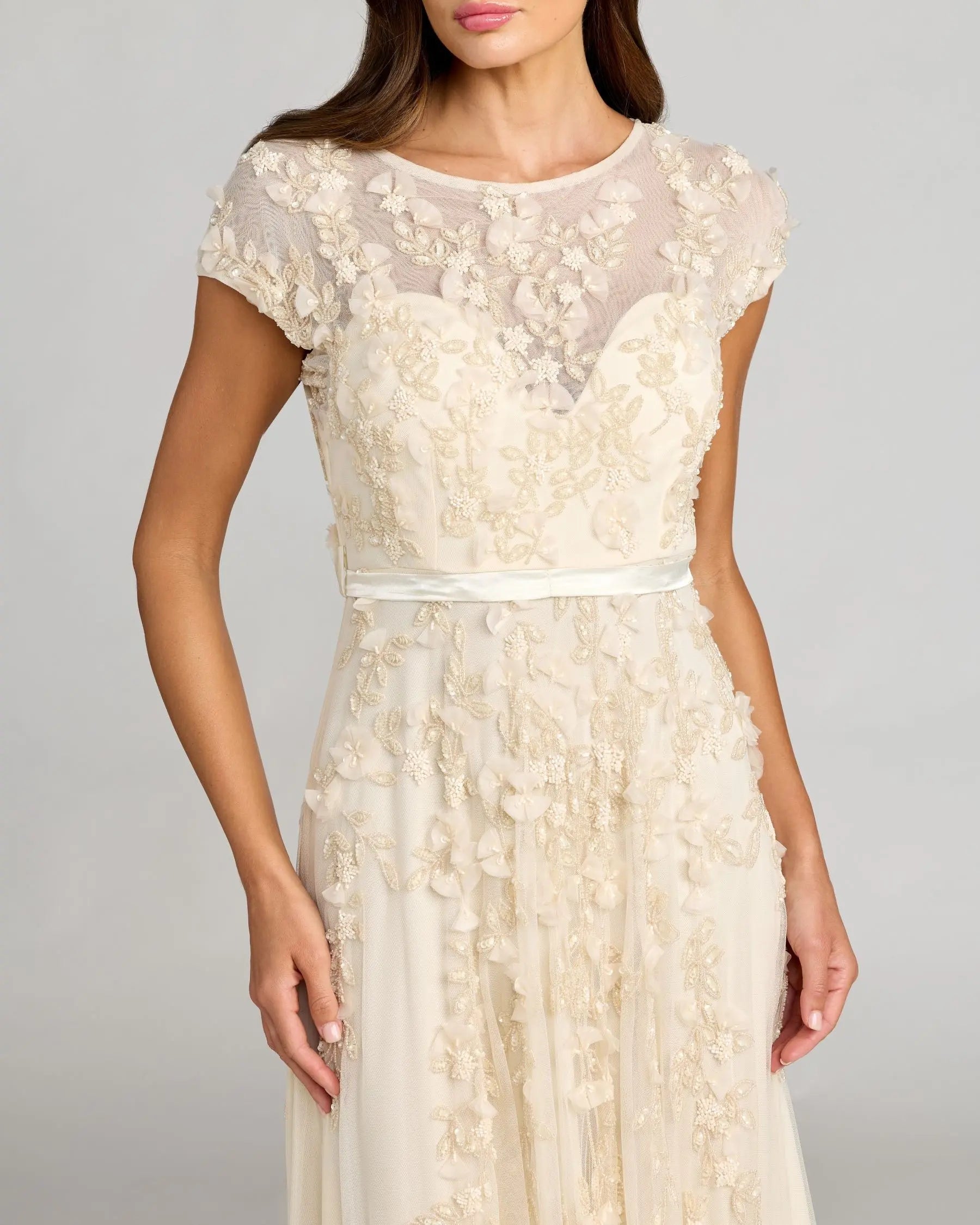 Yellow Floral Embellished Cap Sleeve Gown - Image 2