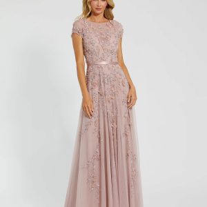 Pink Floral Embellished Cap Sleeve Gown