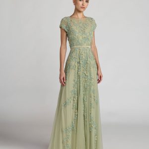 Green Floral Embellished Cap Sleeve Gown