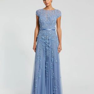 Blue Floral Embellished Cap Sleeve Gown