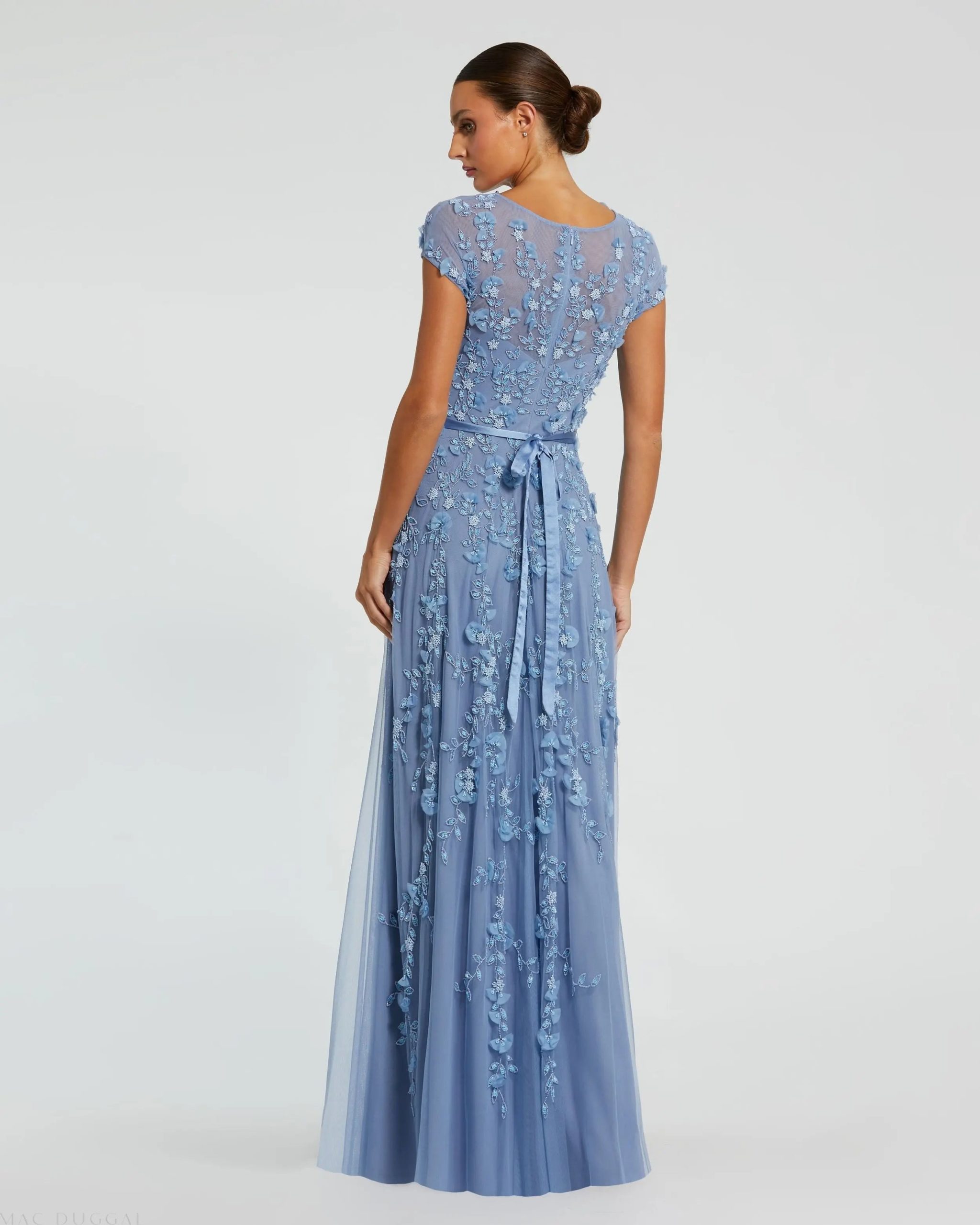 Blue Floral Embellished Cap Sleeve Gown - Image 3