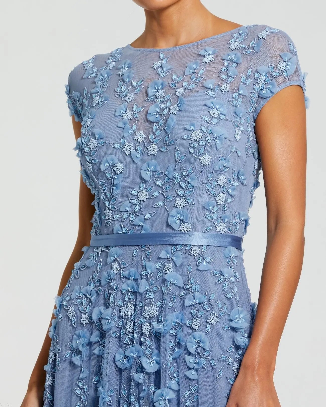 Blue Floral Embellished Cap Sleeve Gown - Image 2