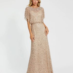 Beige High Neck Short Sleeve Embellished Gown