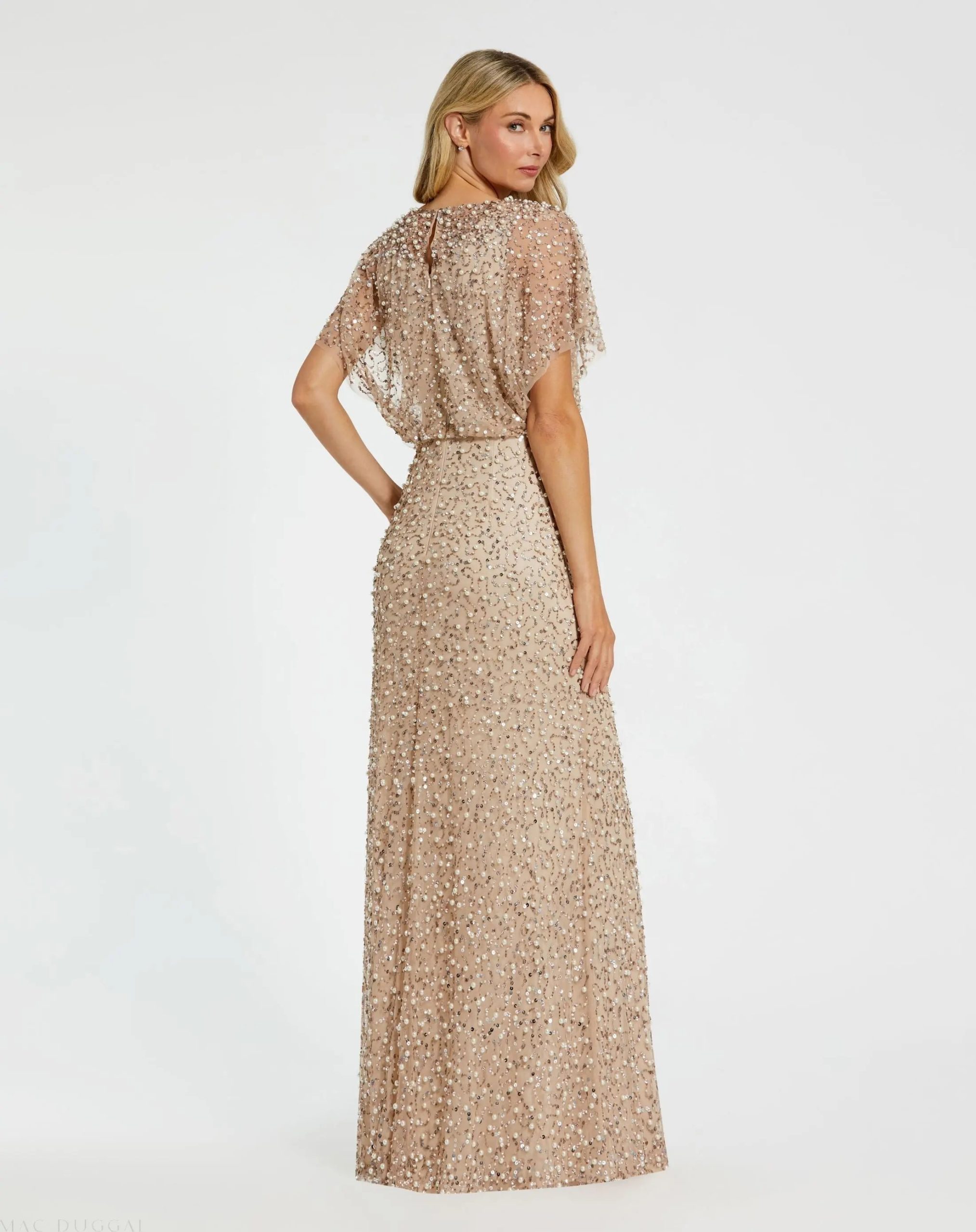 Beige High Neck Short Sleeve Embellished Gown - Image 3