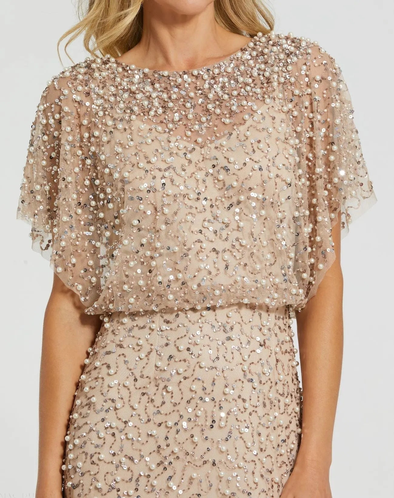 Beige High Neck Short Sleeve Embellished Gown - Image 2