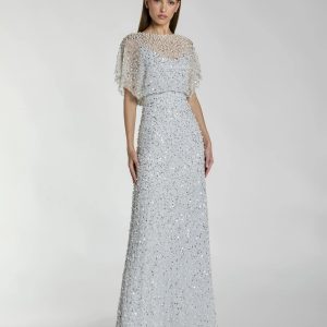 Blue High Neck Short Sleeve Embellished Gown