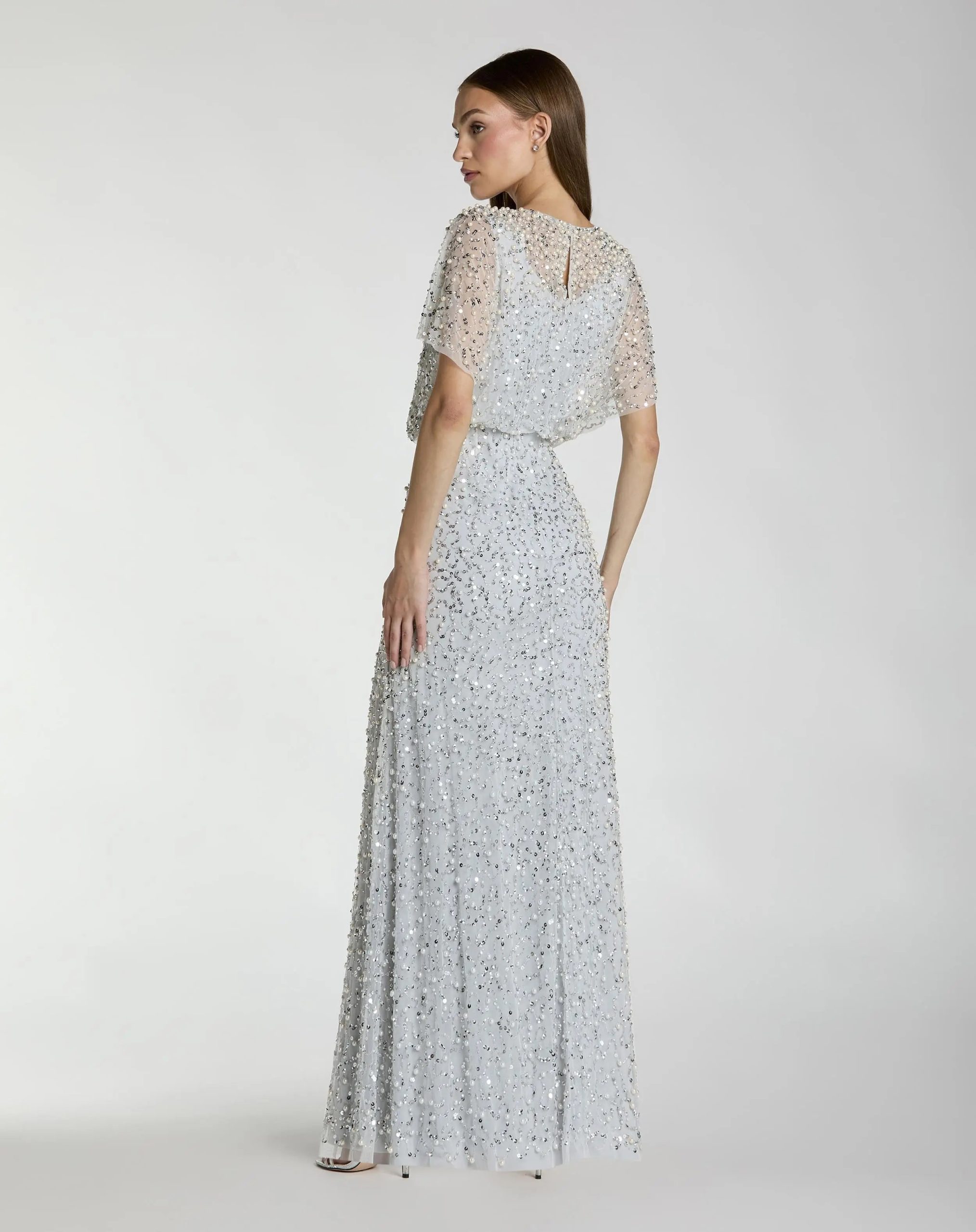 Blue High Neck Short Sleeve Embellished Gown - Image 3