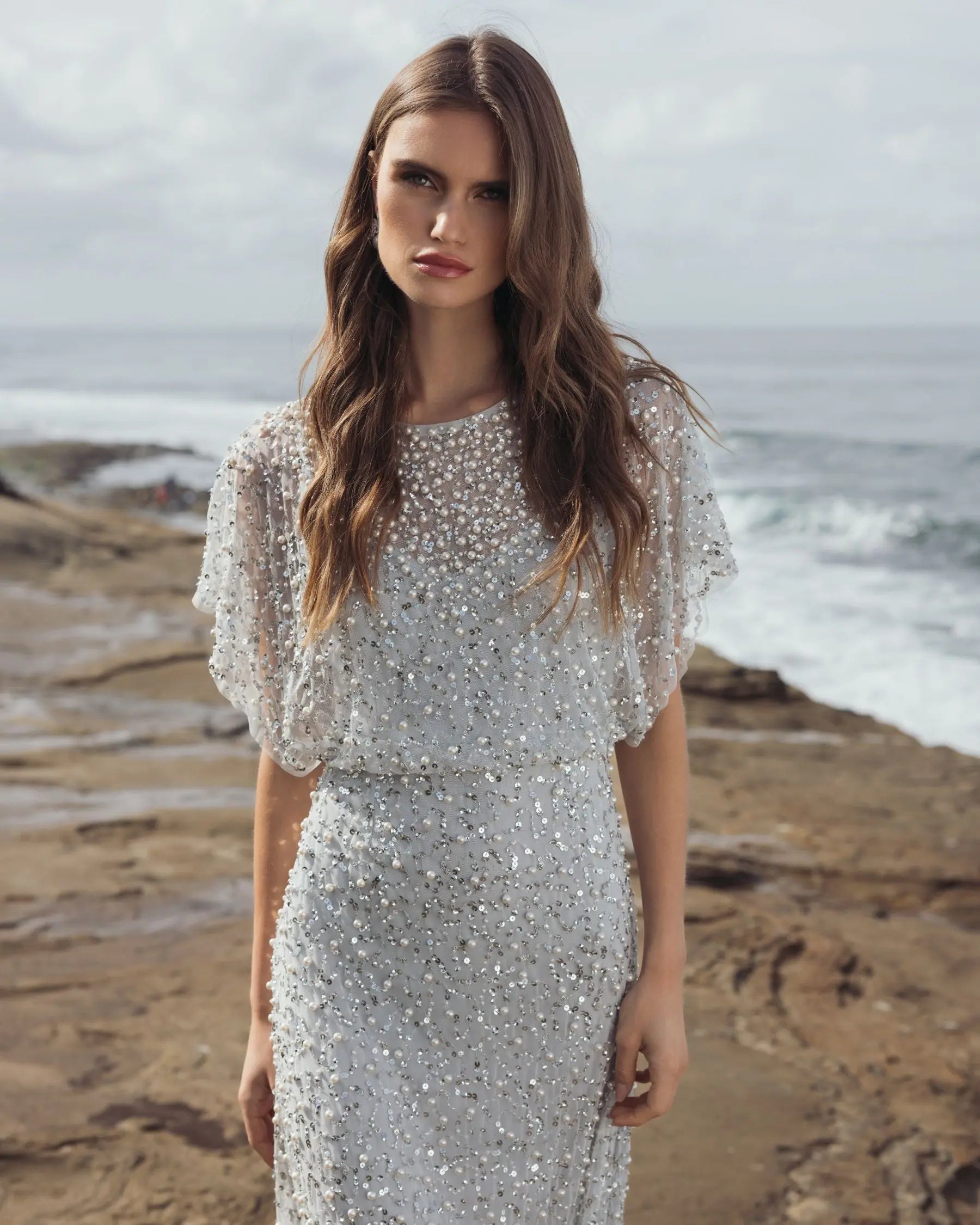 Blue High Neck Short Sleeve Embellished Gown - Image 5