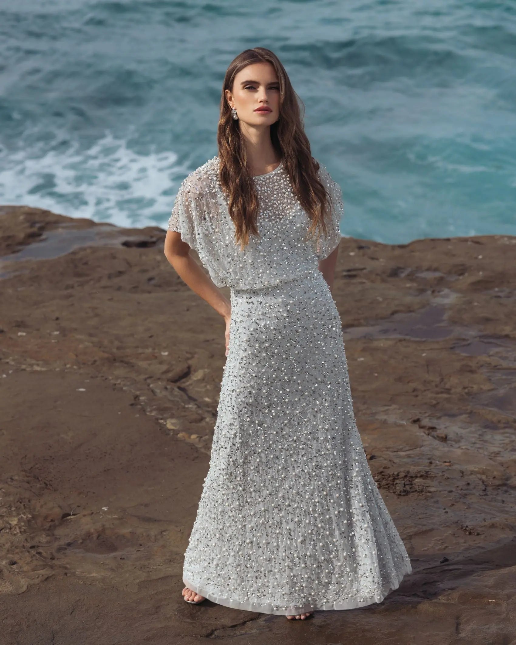 Blue High Neck Short Sleeve Embellished Gown - Image 6