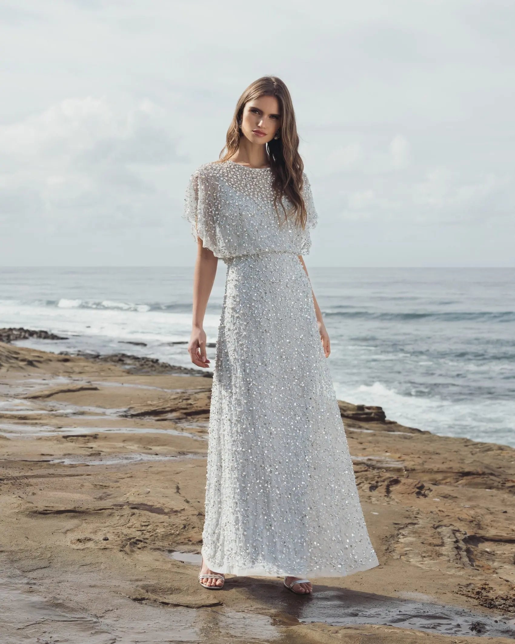 Blue High Neck Short Sleeve Embellished Gown - Image 4