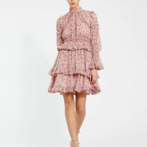 Pink Long Sleeve Mock Neck Ruffle Mini Dress