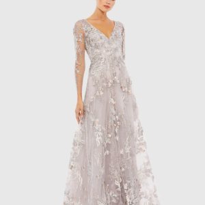 Purple Embroidered Illusion Long Sleeve A Line Gown