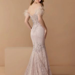 Pink Off The Shoulder Embellished Lace Feather Trim Gown
