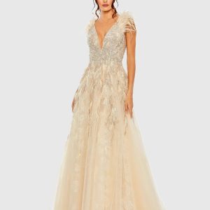 Beige Embellished Feathered Sleeveless A Line Gown