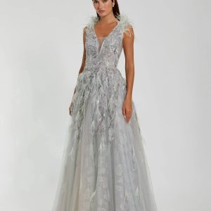Embellished Feathered Sleeveless A Line Gown