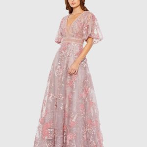 Pink Embroidered Flounce Sleeve A Line Gown