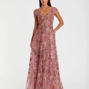 Pink Embroidered Illusion Cap Sleeve A Line Gown
