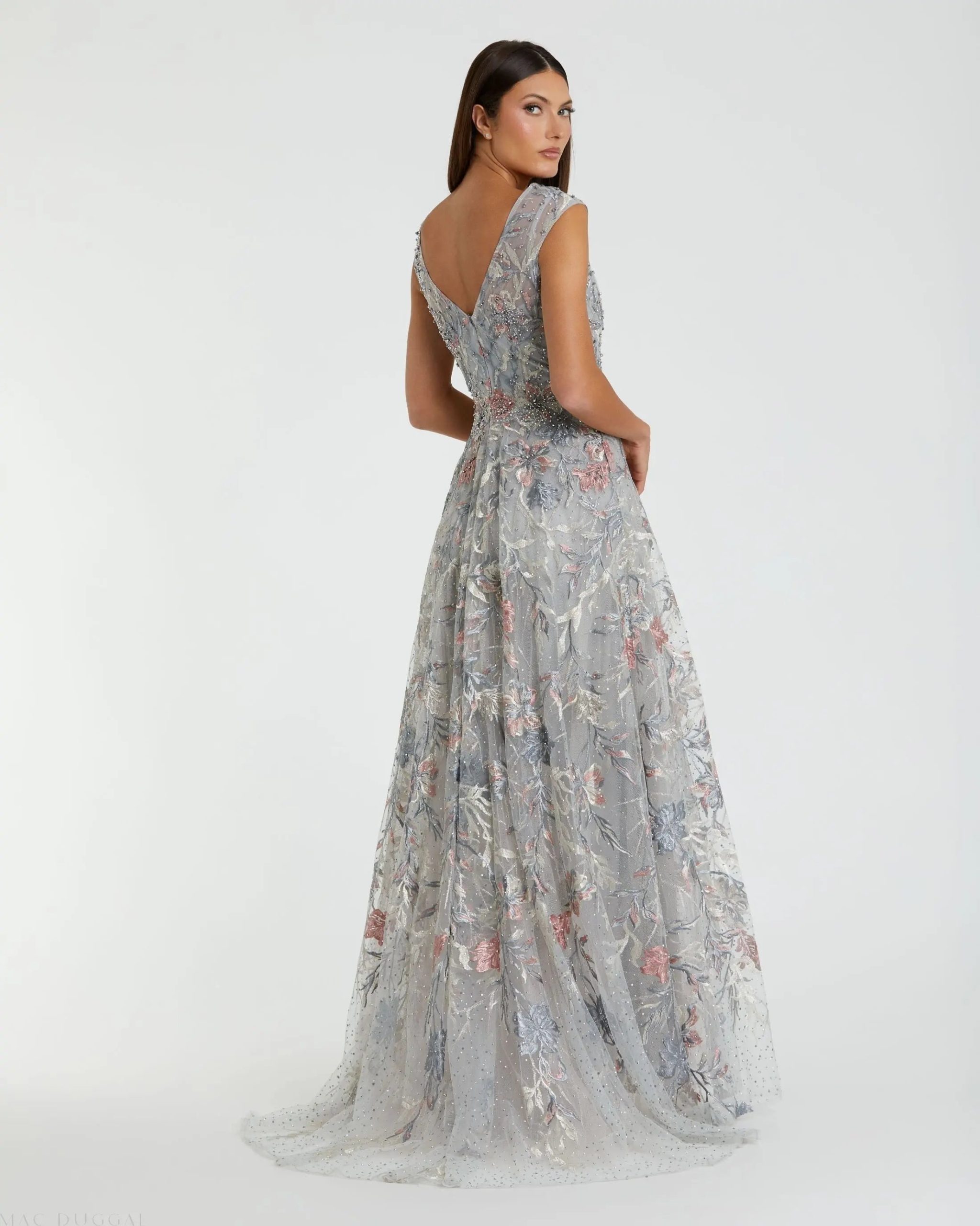 Gray Embroidered Illusion Cap Sleeve A Line Gown - Image 3