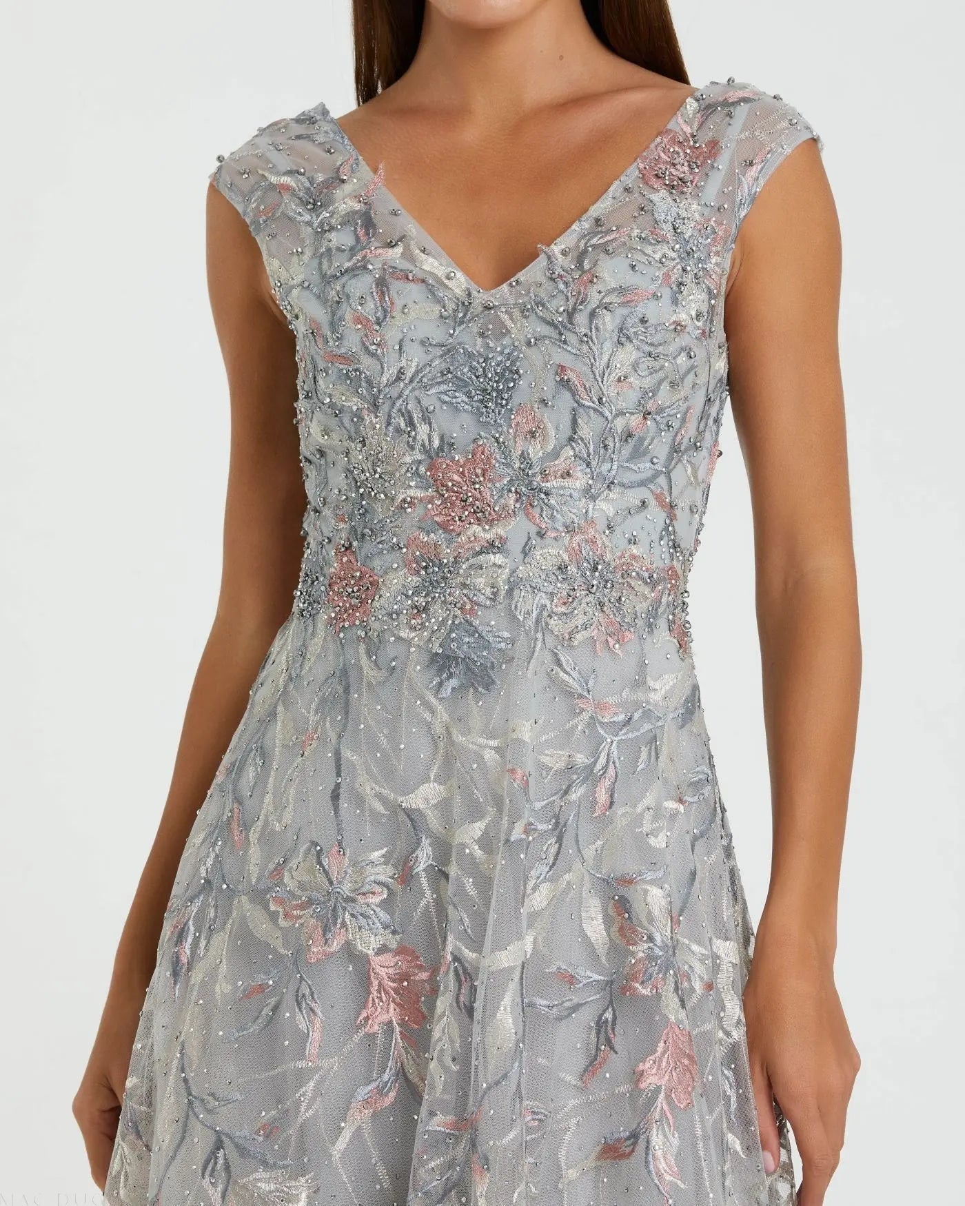 Gray Embroidered Illusion Cap Sleeve A Line Gown - Image 2