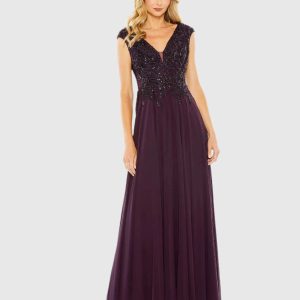 Purple Cap Sleeve Applique Bodice Flowy Gown
