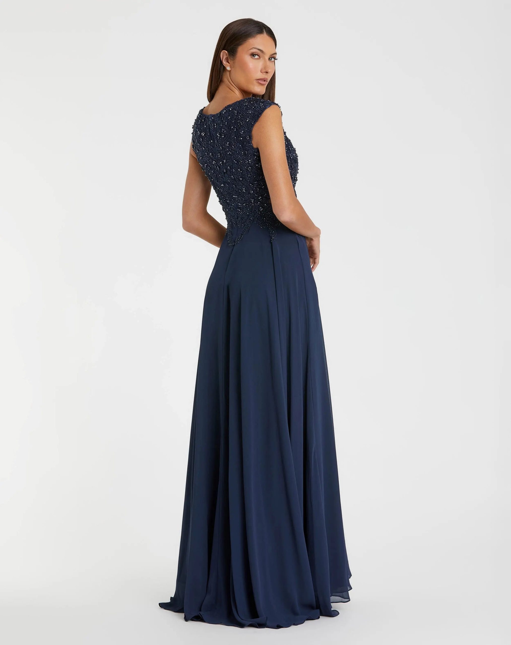 Navy Cap Sleeve Applique Bodice Flowy Gown - Image 3