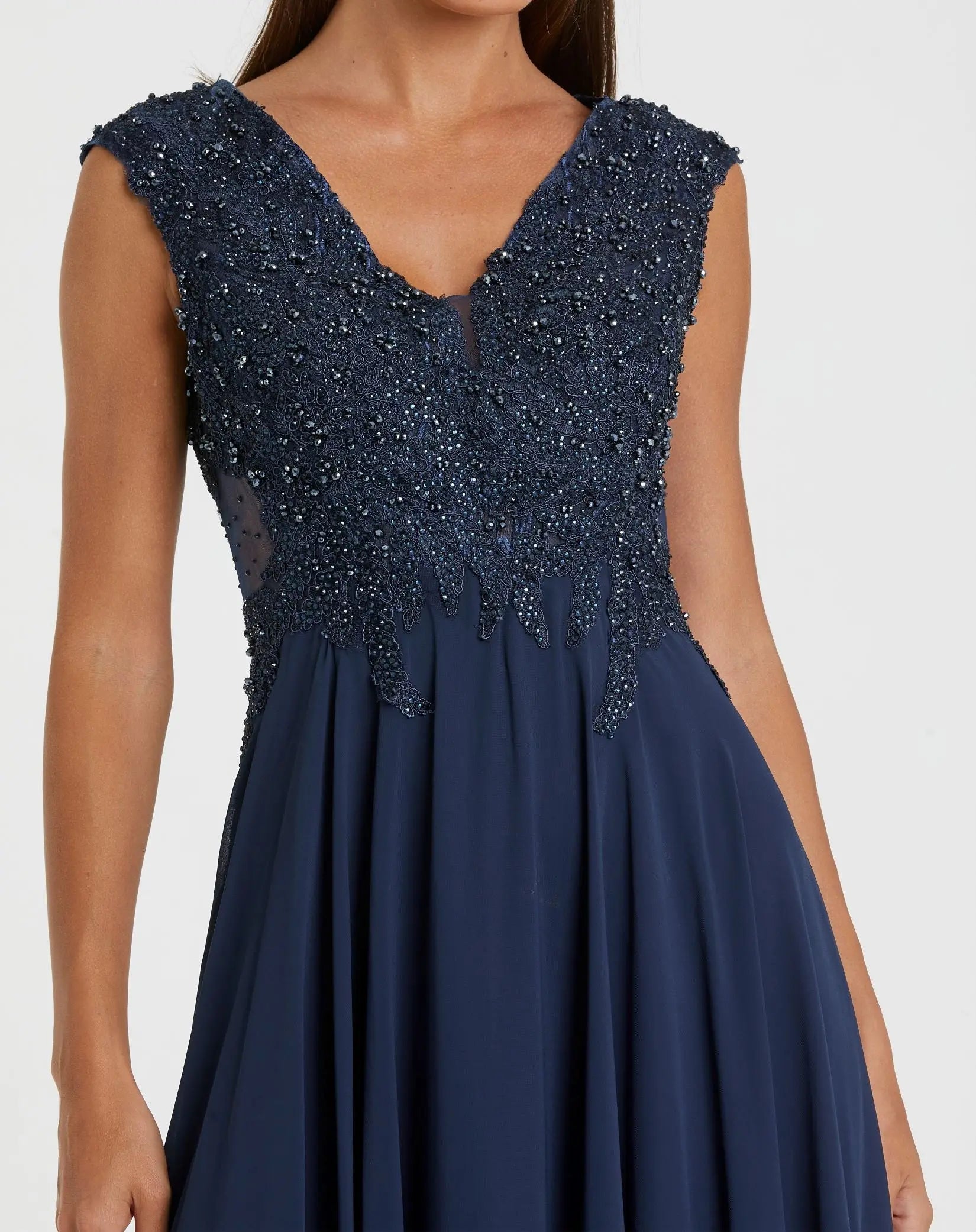 Navy Cap Sleeve Applique Bodice Flowy Gown - Image 2