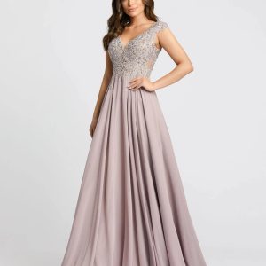 Light Purple Cap Sleeve Applique Bodice Flowy Gown