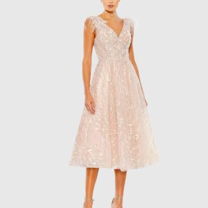 Pink Embroidered Sleeveless Feather Detail Midi Dress