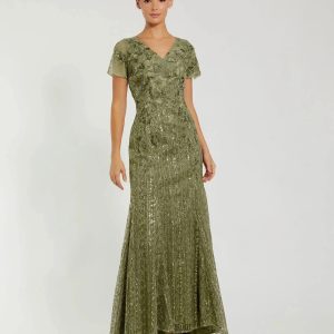 Green Embellished V Neck Cap Sleeve Trumpet Gown