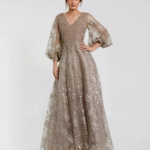 Beige Embellished Plunge Neck Puff Sleeve A Line Gown