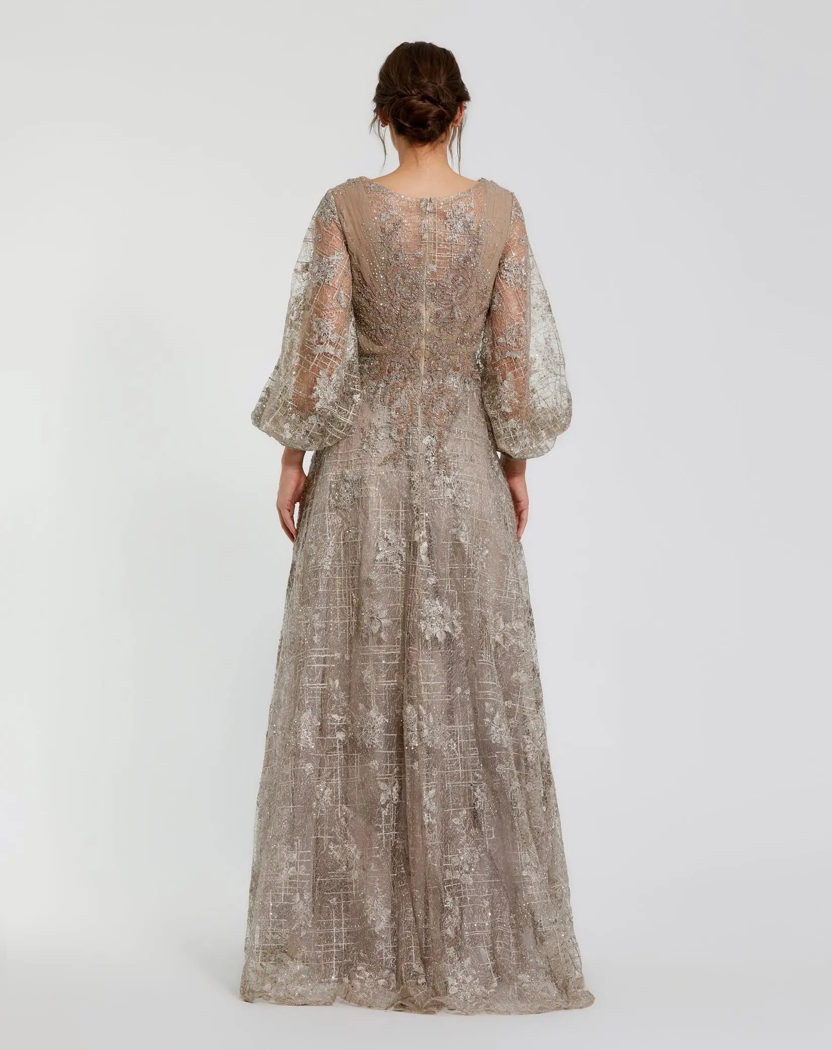 Beige Embellished Plunge Neck Puff Sleeve A Line Gown - Image 3