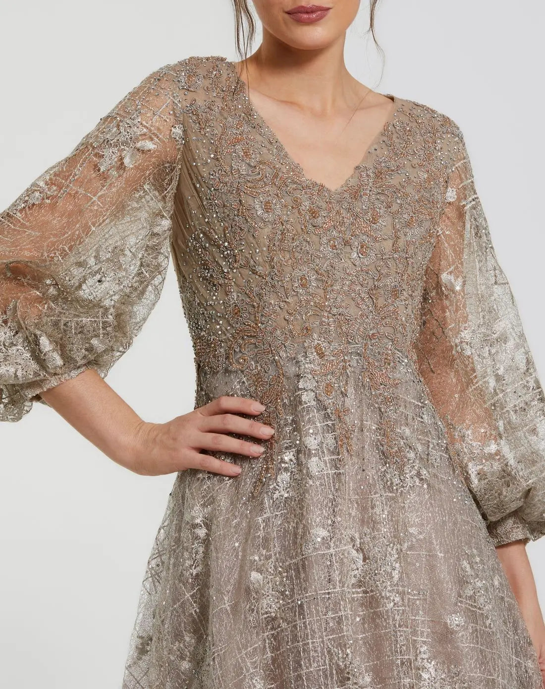 Beige Embellished Plunge Neck Puff Sleeve A Line Gown - Image 2
