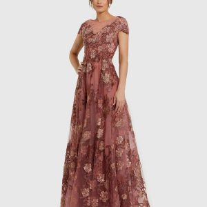 Pink Floral Embroidered Cap Sleeve Evening Gown