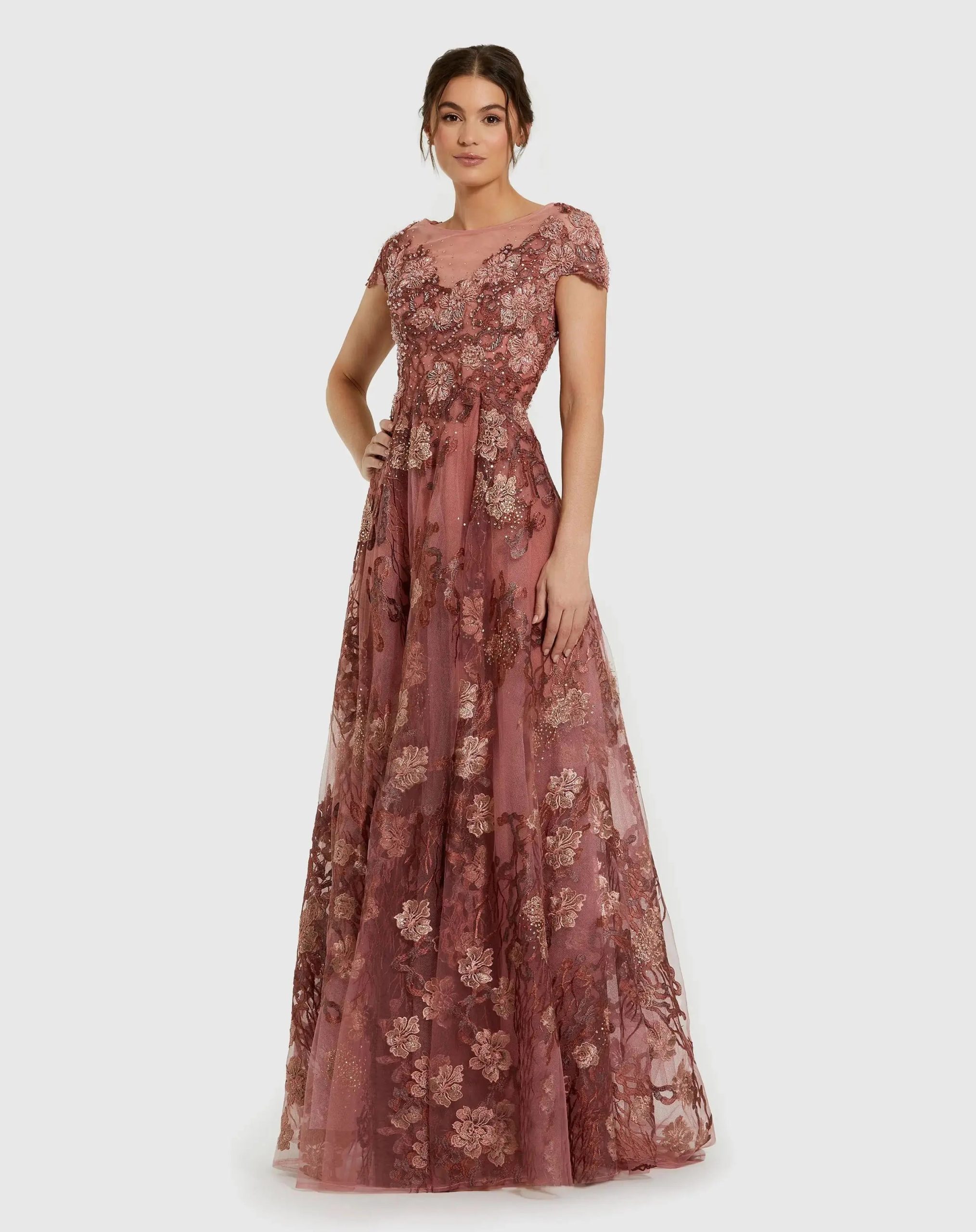 Floral Embroidered Cap Sleeve Evening Gown - Image 2