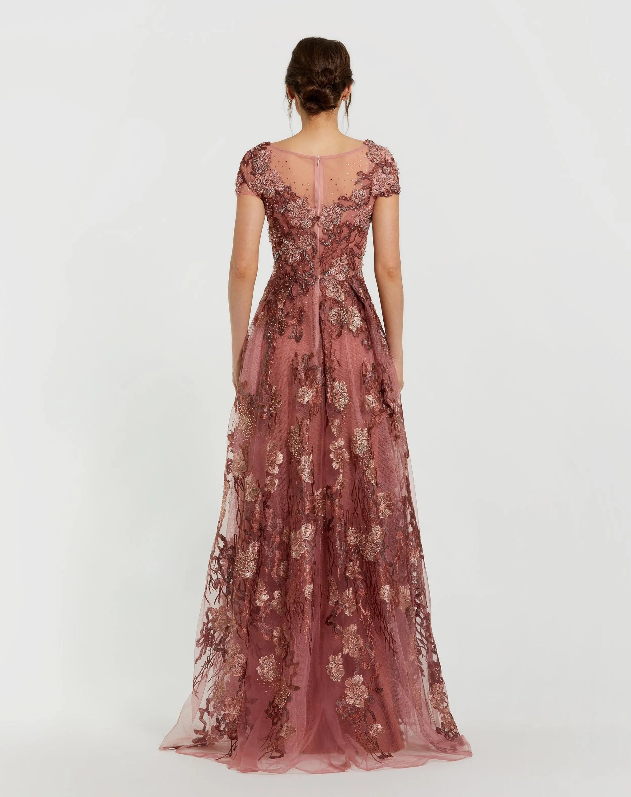 Pink Floral Embroidered Cap Sleeve Evening Gown - Image 3