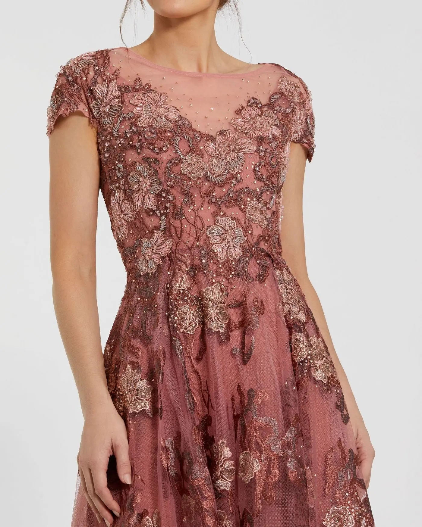 Pink Floral Embroidered Cap Sleeve Evening Gown - Image 2