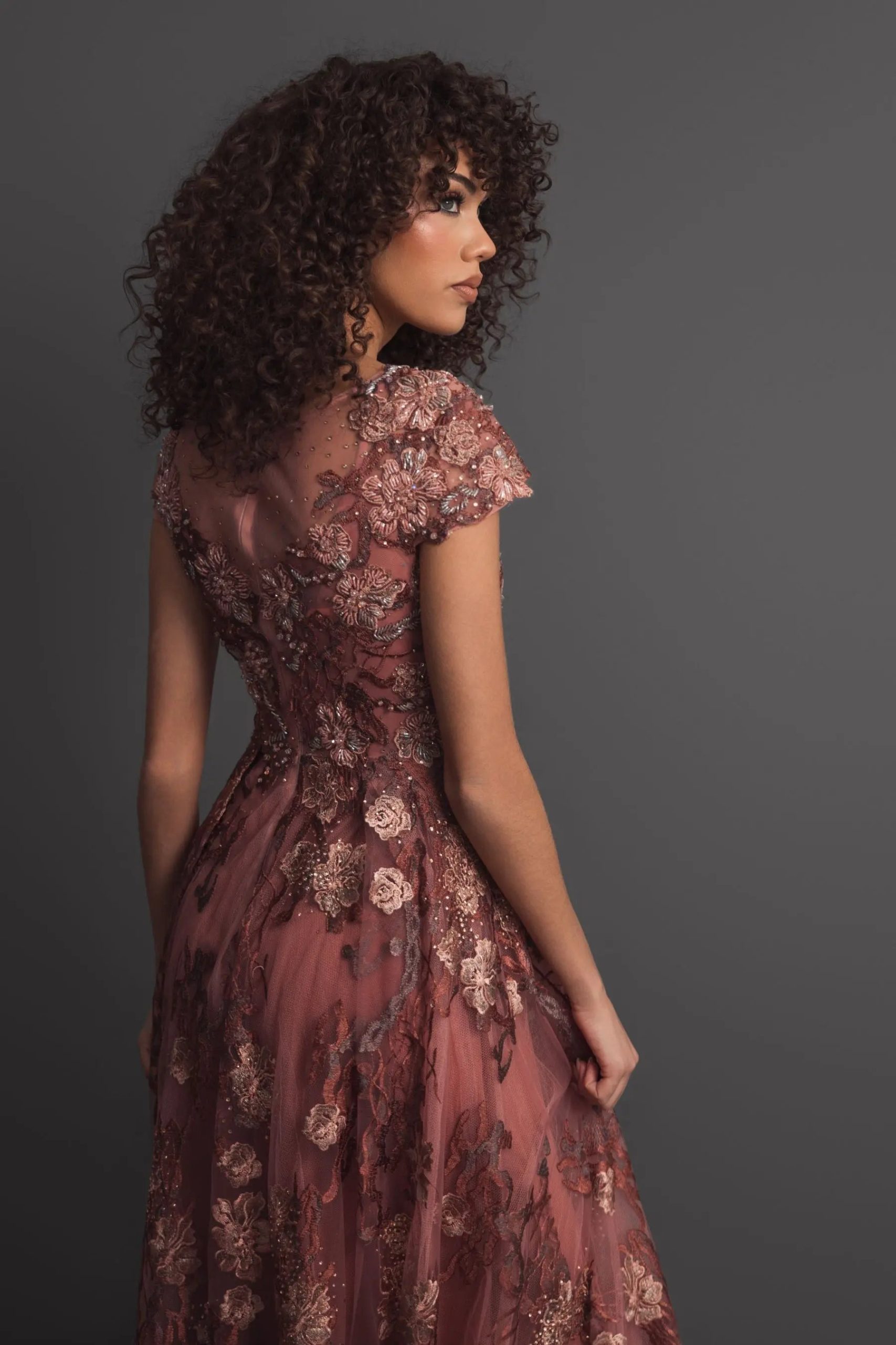 Pink Floral Embroidered Cap Sleeve Evening Gown - Image 6