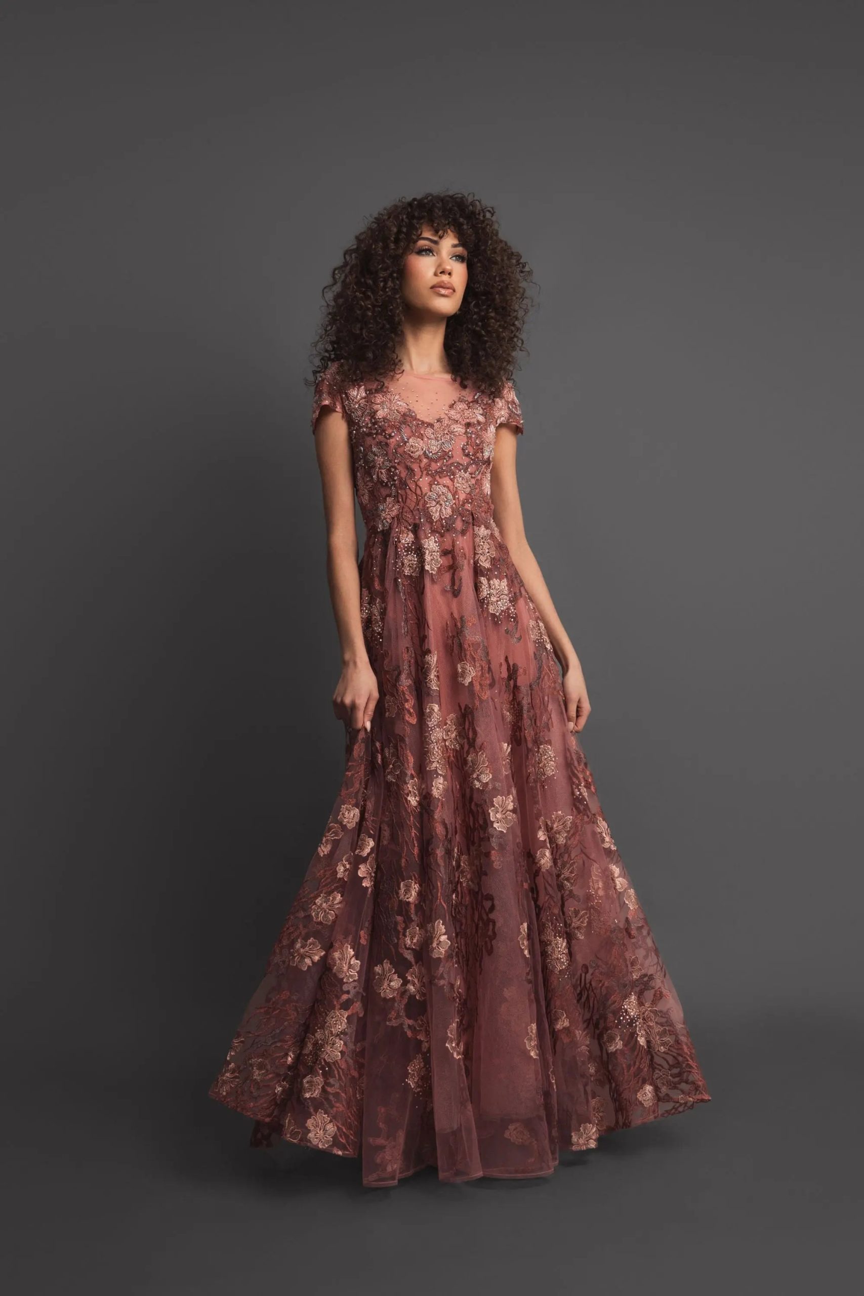 Pink Floral Embroidered Cap Sleeve Evening Gown - Image 4