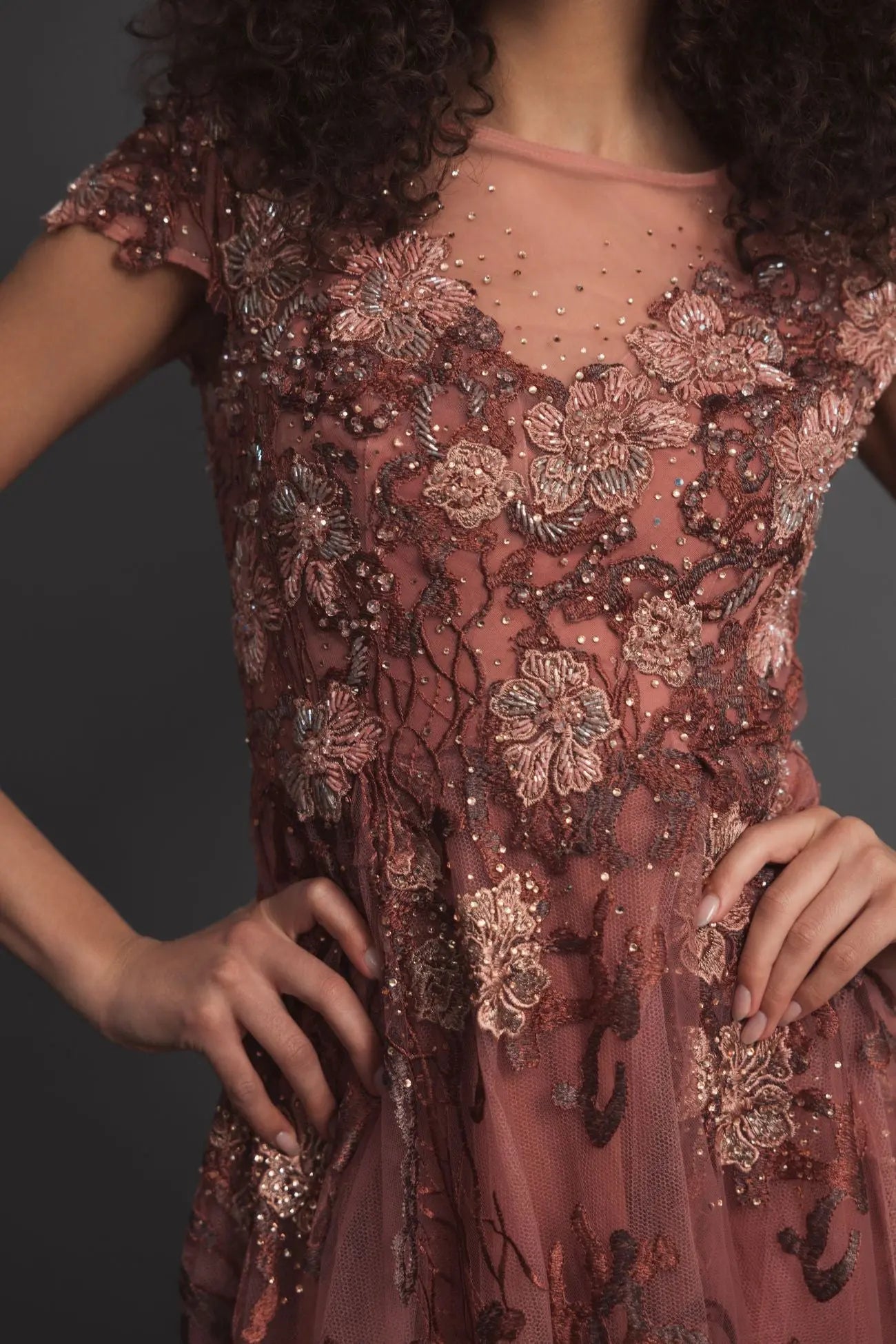 Pink Floral Embroidered Cap Sleeve Evening Gown - Image 5