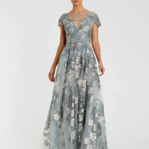 Green Floral Embroidered Short Cap Evening Gown - FINAL SALE