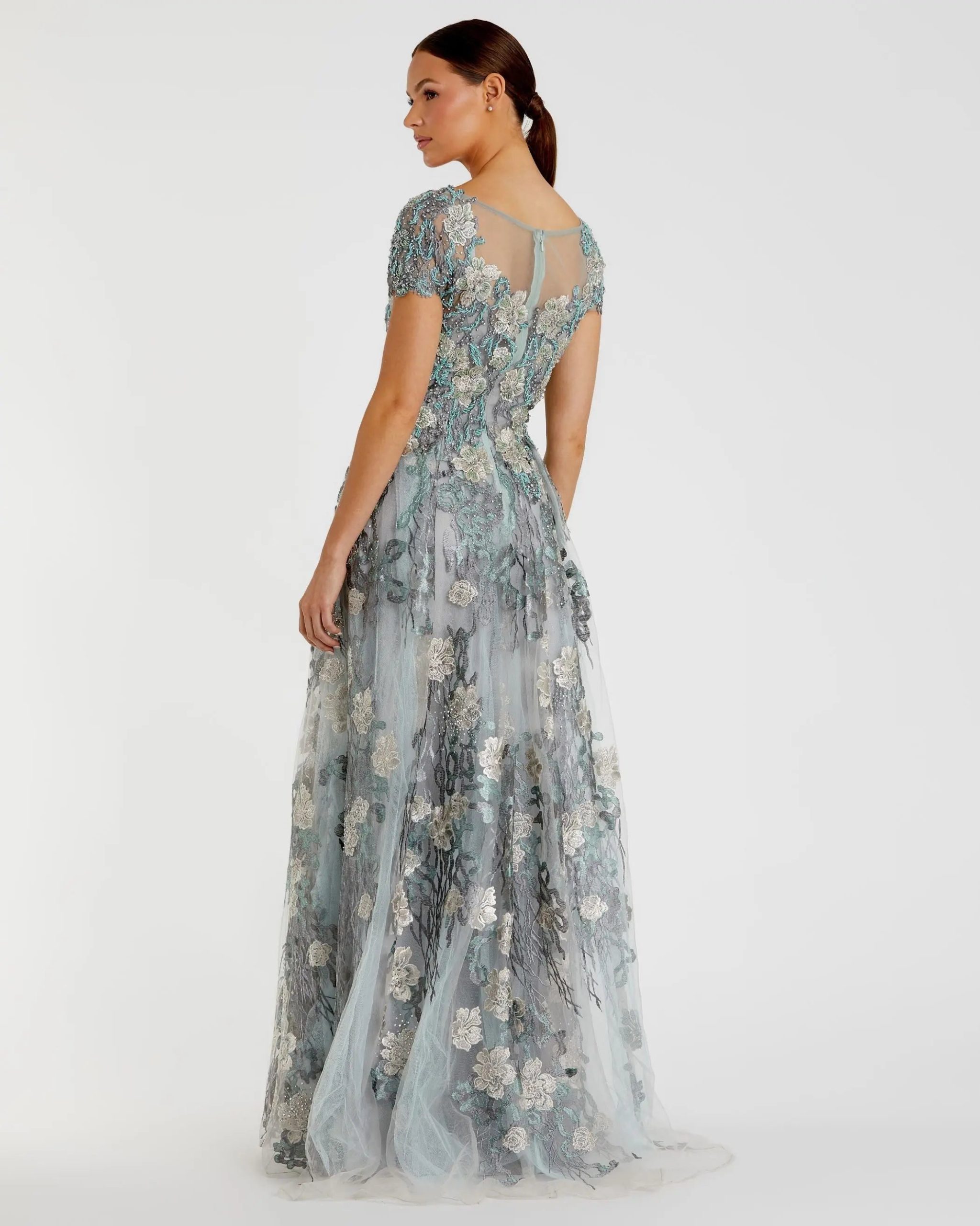 Green Floral Embroidered Short Cap Evening Gown - FINAL SALE - Image 3