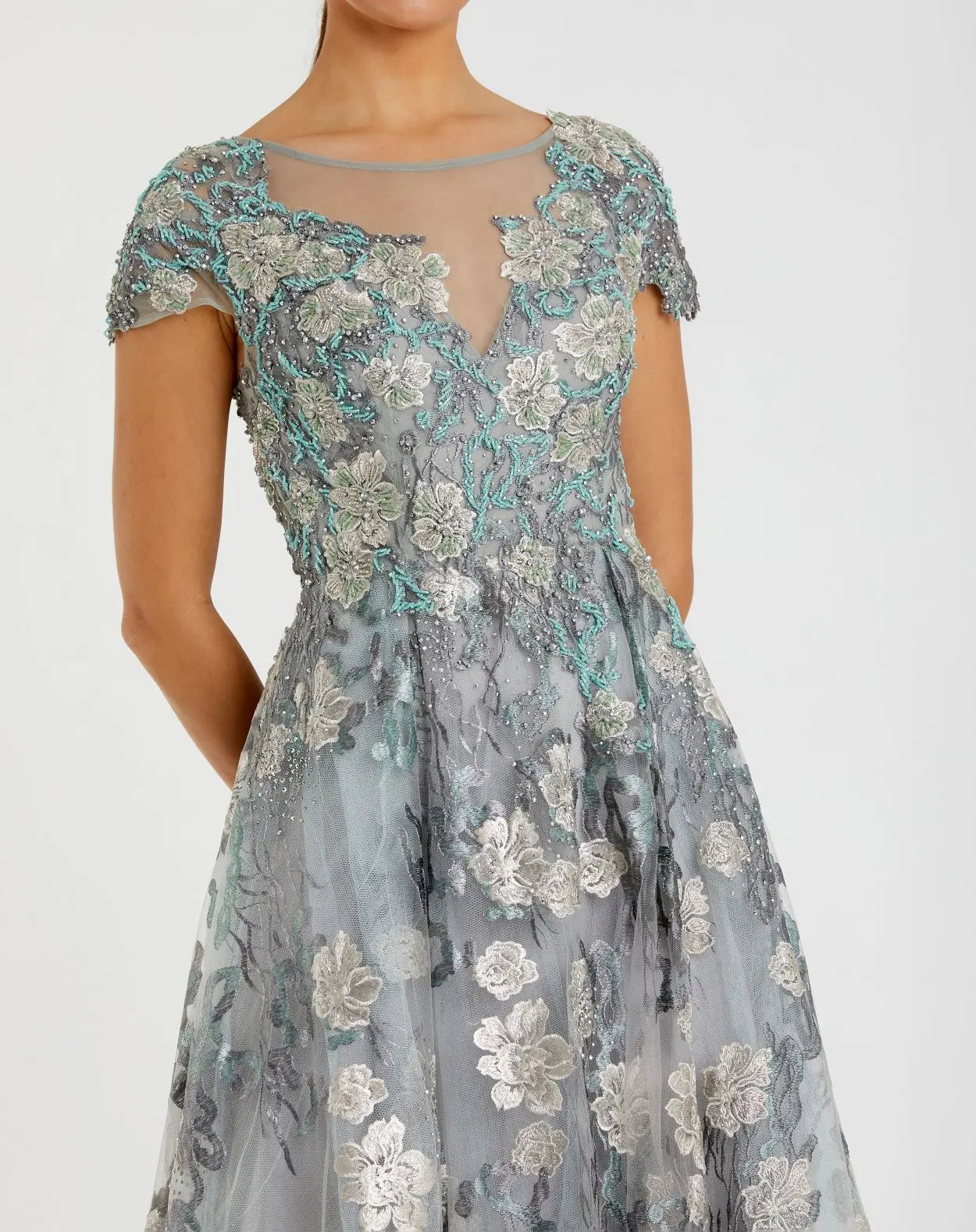 Green Floral Embroidered Short Cap Evening Gown - FINAL SALE - Image 2