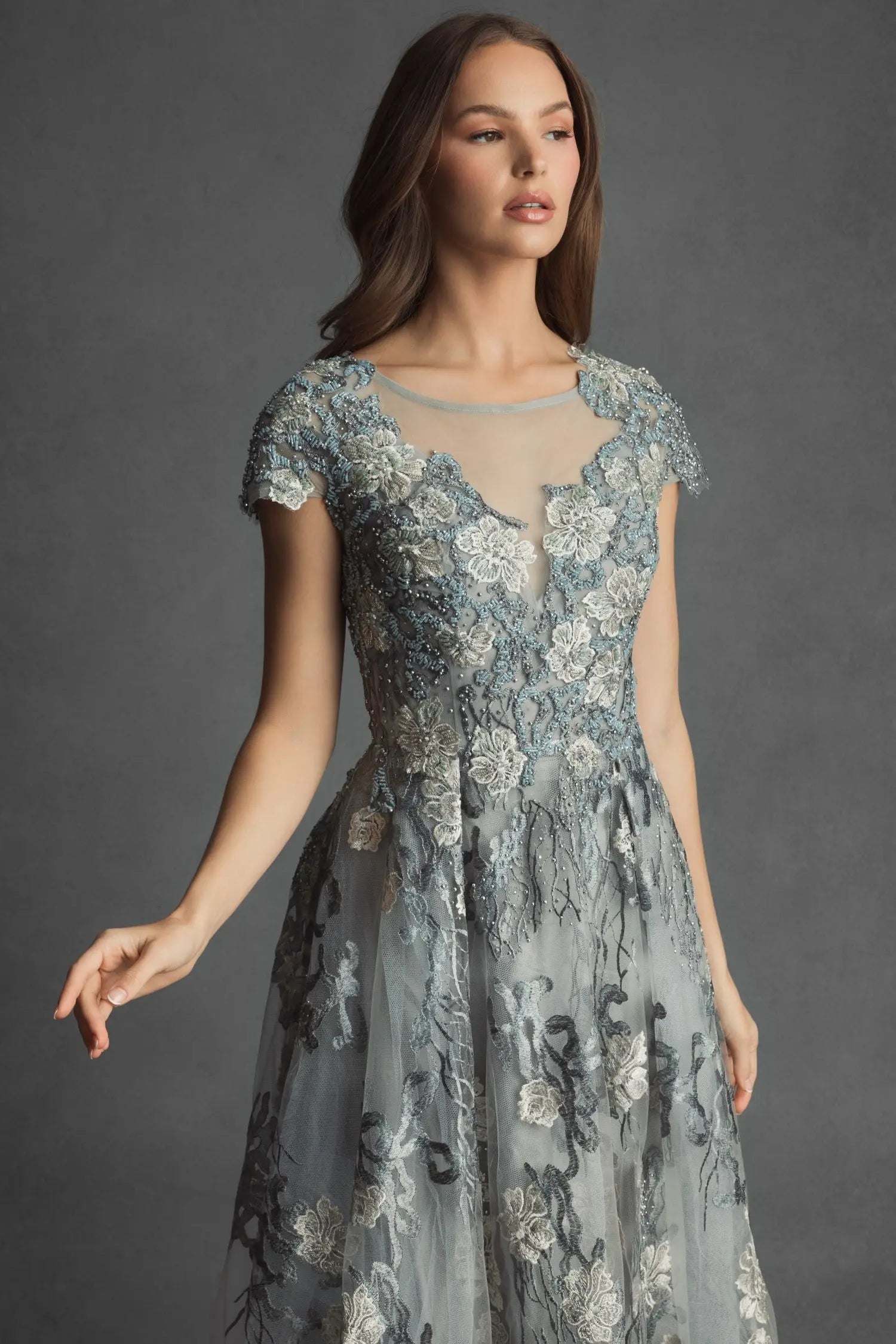 Green Floral Embroidered Short Cap Evening Gown - FINAL SALE - Image 5