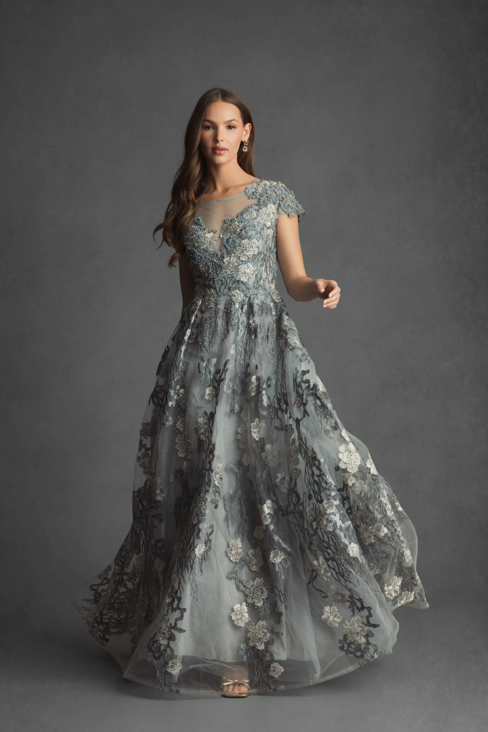 Green Floral Embroidered Short Cap Evening Gown - FINAL SALE - Image 6