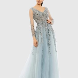 Embellished V Neck Long Sleeve A Line Gown