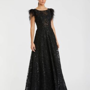 Black Embellished Boat Neck A-Line Gown with Feather Sleeves