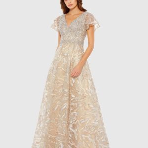 Beige Embellished Illusion Butterfly Sleeve A-Line Gown