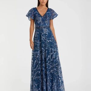 Navy Embellished Illusion Butterfly Sleeve A-Line Gown